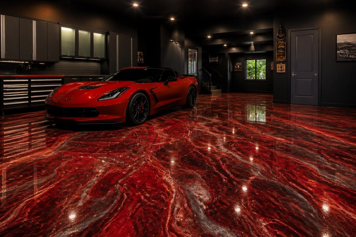 Silver and charcoal metallic epoxy floor with flowing marbled pigment effects
