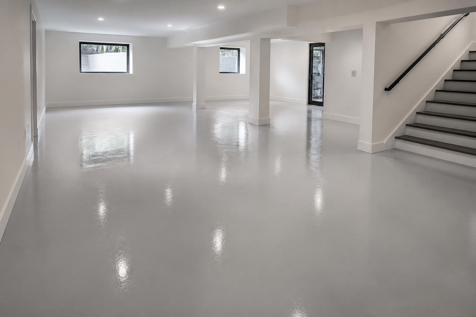 Seamless light gray solid color epoxy floor coating in a finished basement